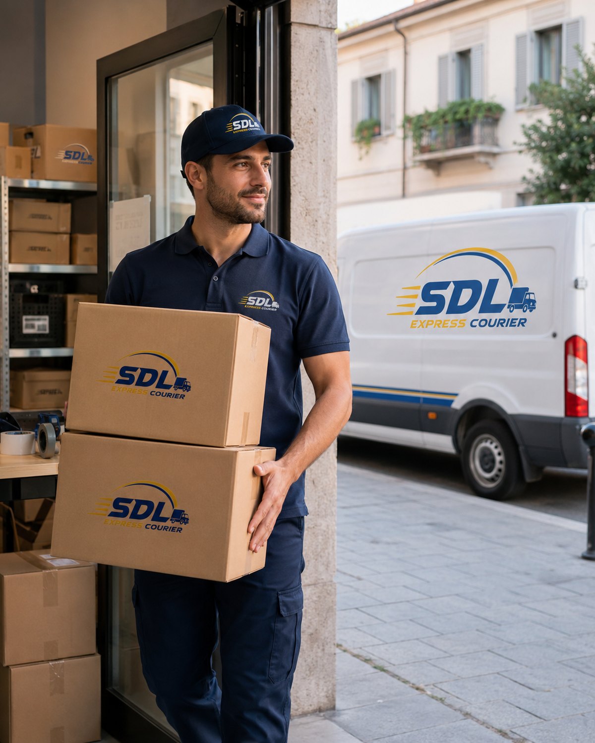 Corriere SDL ritira gli scatoloni davanti al furgone SDL