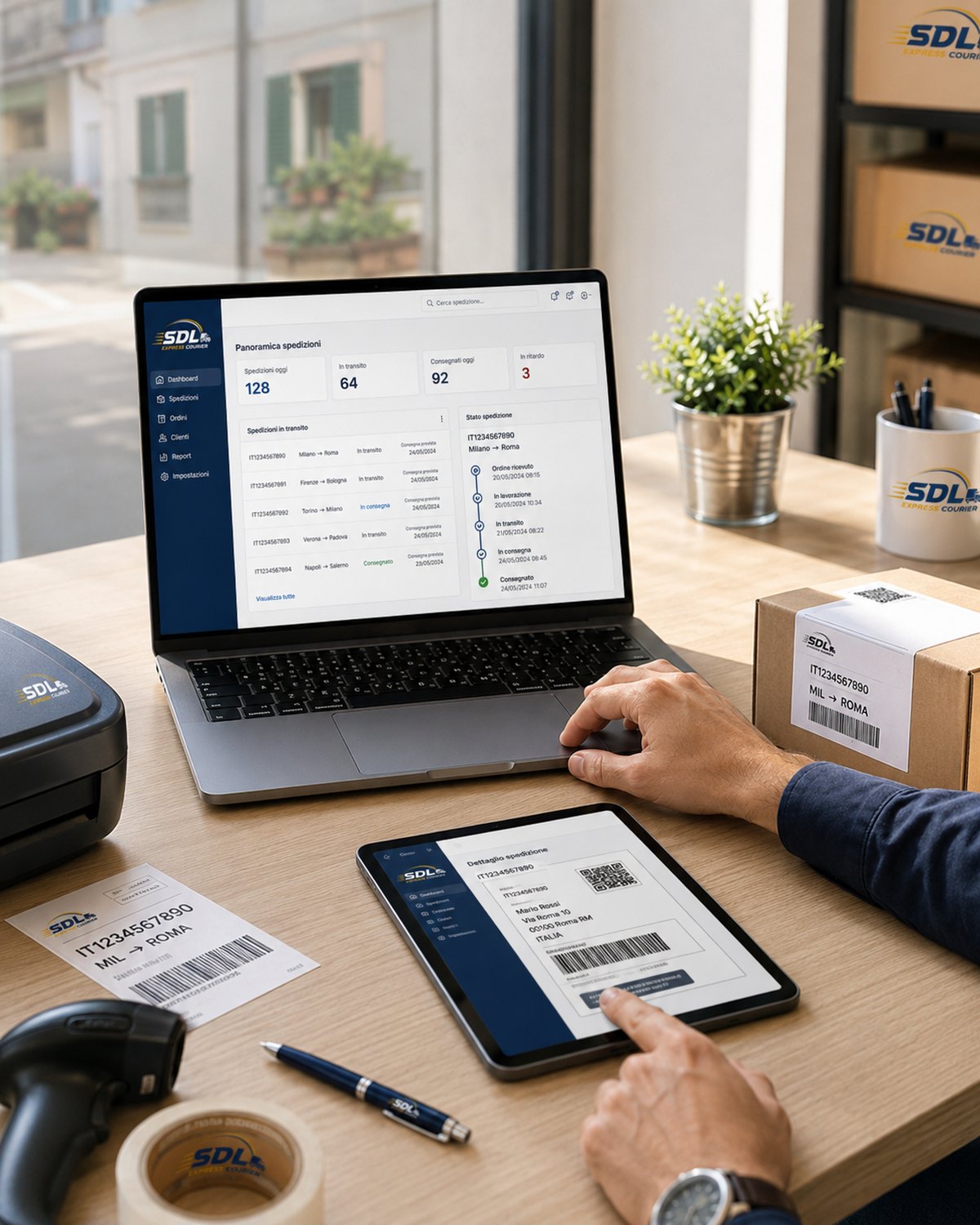 Dashboard gestionale spedizioni su laptop e tablet