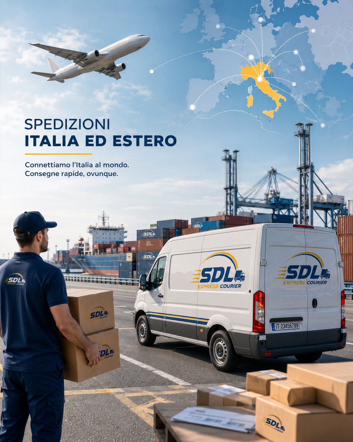 Spedizioni Italia ed estero: aereo, mappa e furgone SDL