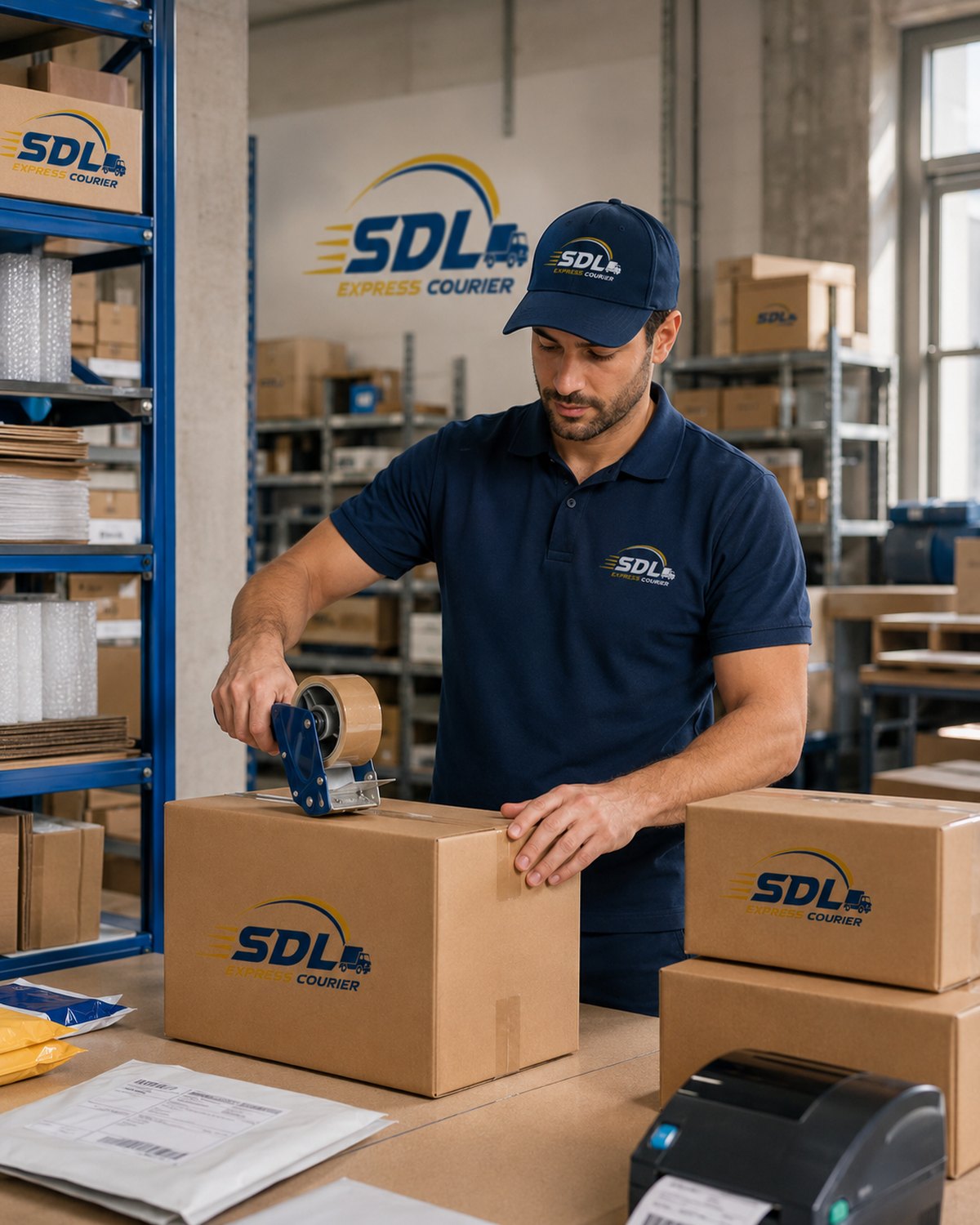 Operatore SDL imballa i pacchi in magazzino