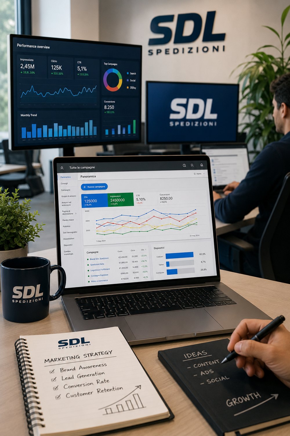 Gestione marketing e campagne ads, dashboard in crescita