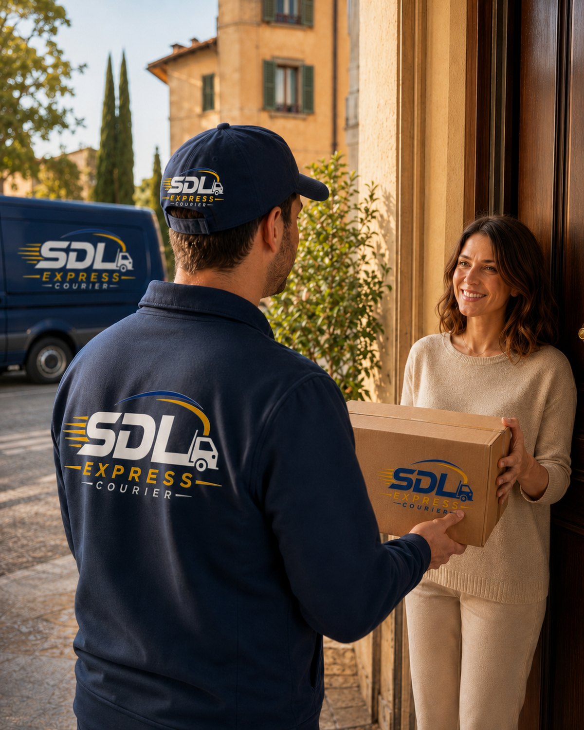 Corriere SDL consegna un pacco a una cliente soddisfatta